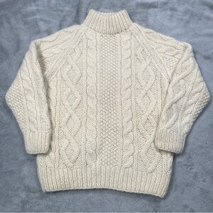 VTG Sample Chunky Cableknit Sweater Women M Ivory Fisherman Acrylic Mock Neck